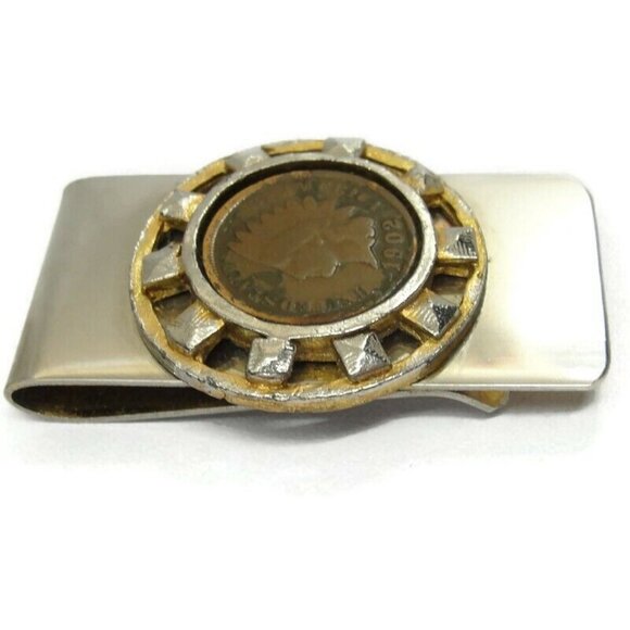 Vintage 1902 Indian Head Penny Silver and Gold Tone Money Clip Men - Picture 6 of 11